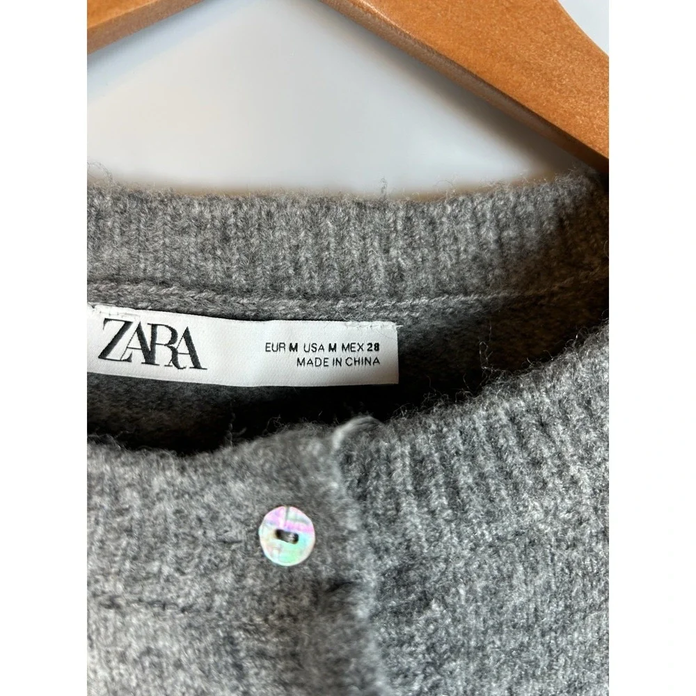 Zara Gray Button Up Frill Cardigan Sweater Women's Medium Wool Blend - Picture 3 of 9